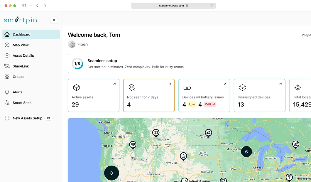Dashboard interface of Smartpin showing asset tracking summary with counts for active assets, not seen for 7 days, devices with battery issues, unassigned devices, and total locations along with a map view of the United States with asset markers.