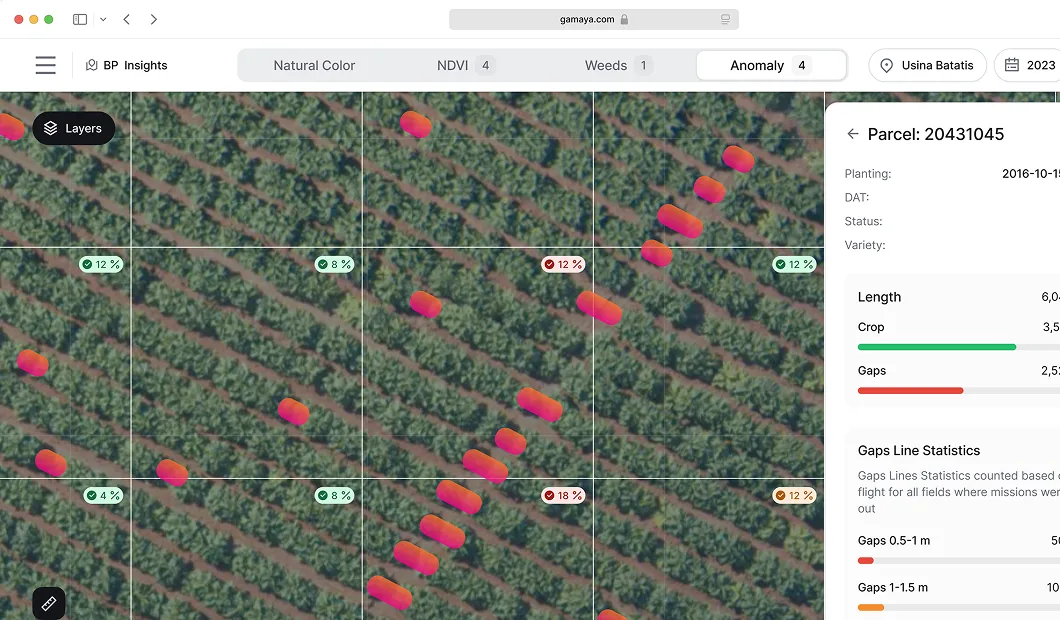Aerial view of agricultural field with color-coded markers showing crop health anomalies and a sidebar displaying parcel details and gap statistics.