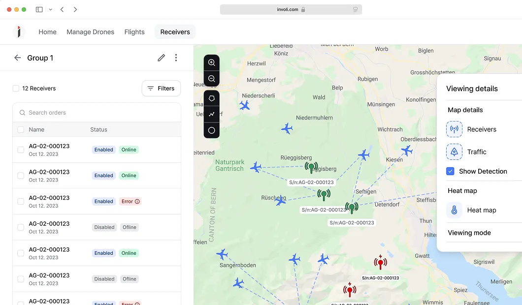 Screenshot of a drone management interface showing a map with multiple drone icons and receiver signals, alongside a list of receivers with status tags like Enabled, Online, Disabled, Offline, and Error.