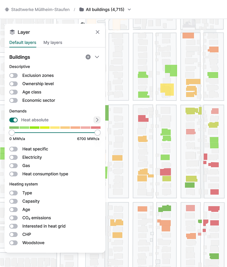 Interactive map showing buildings color-coded by absolute heat demand from 0 to 6700 MWh/a with a layer menu for selecting building attributes and heating system data.