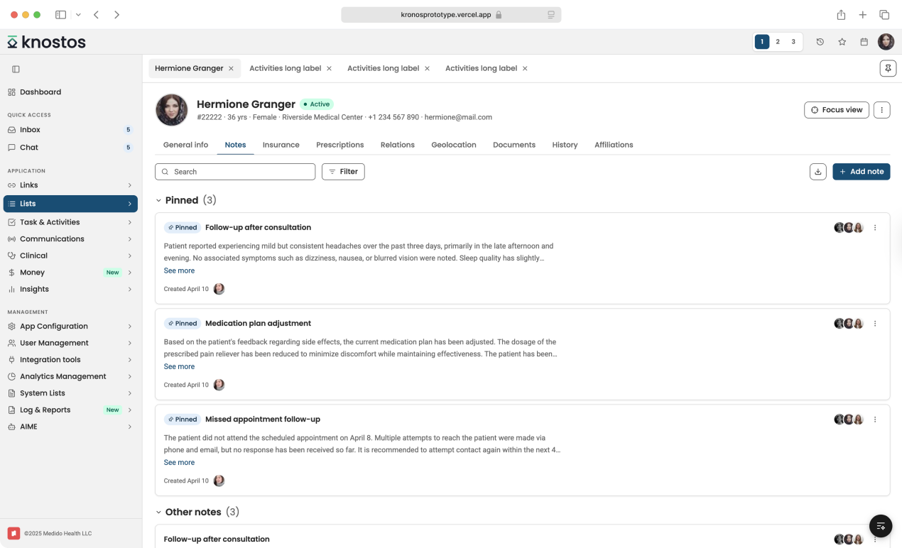 Knostos patient management dashboard preview