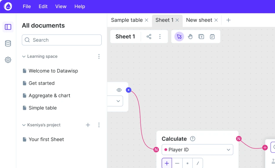 Screenshot of a Datawisp interface showing a document panel on the left with folders like 'Learning space' and 'Kseniya's project,' and a workflow area on the right with connected nodes labeled 'Calculate' and 'Player ID.'