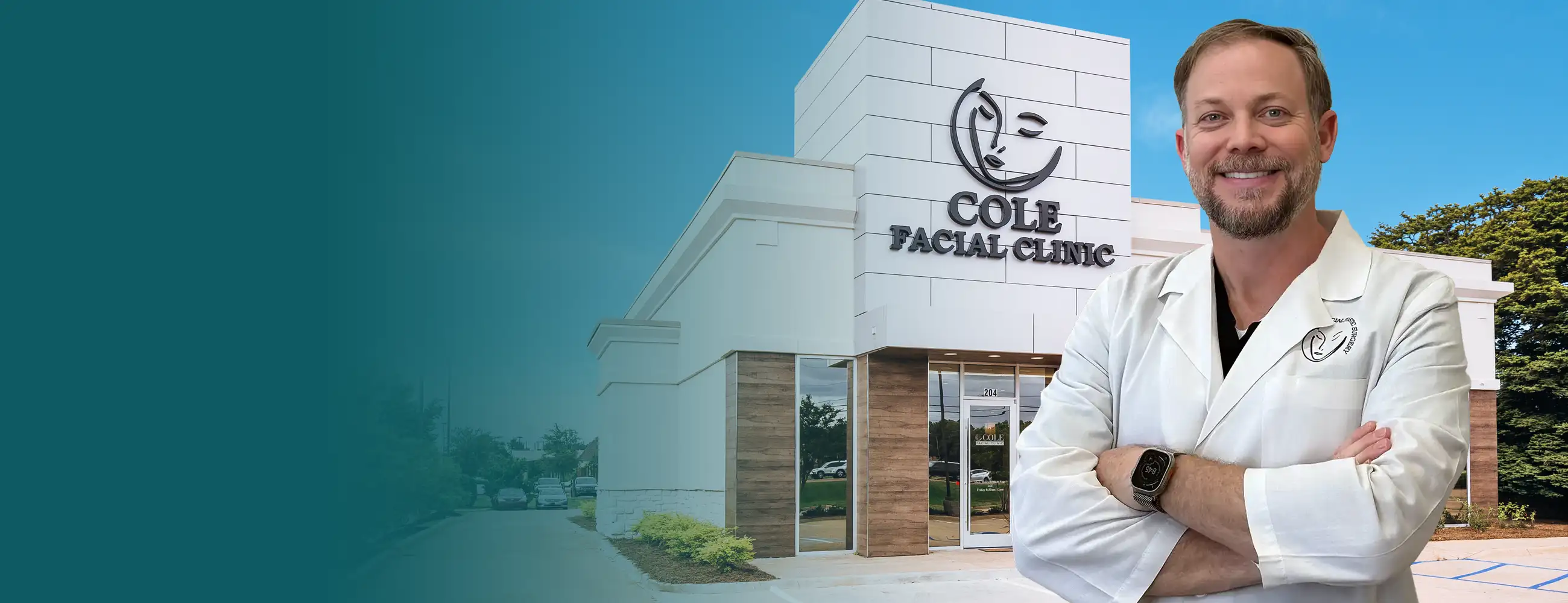 Smiling male doctor in white coat stands with arms crossed outside Cole Facial Clinic building.