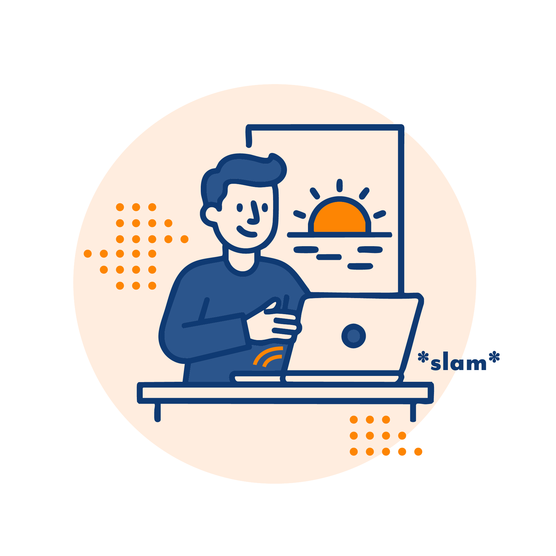 Collage illustration graphic that features a happy customer and stat that mentions annual savings of 85% on finance and accounting expenses