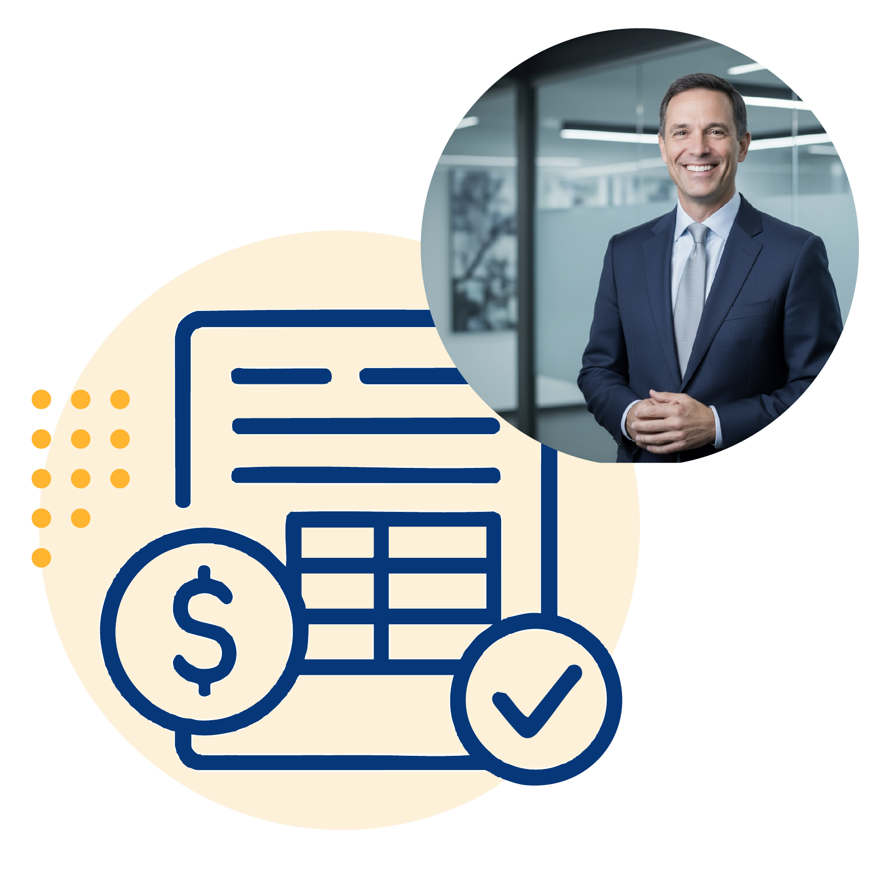 Collage illustration graphic that features a happy customer and stat that mentions annual savings of 85% on finance and accounting expenses