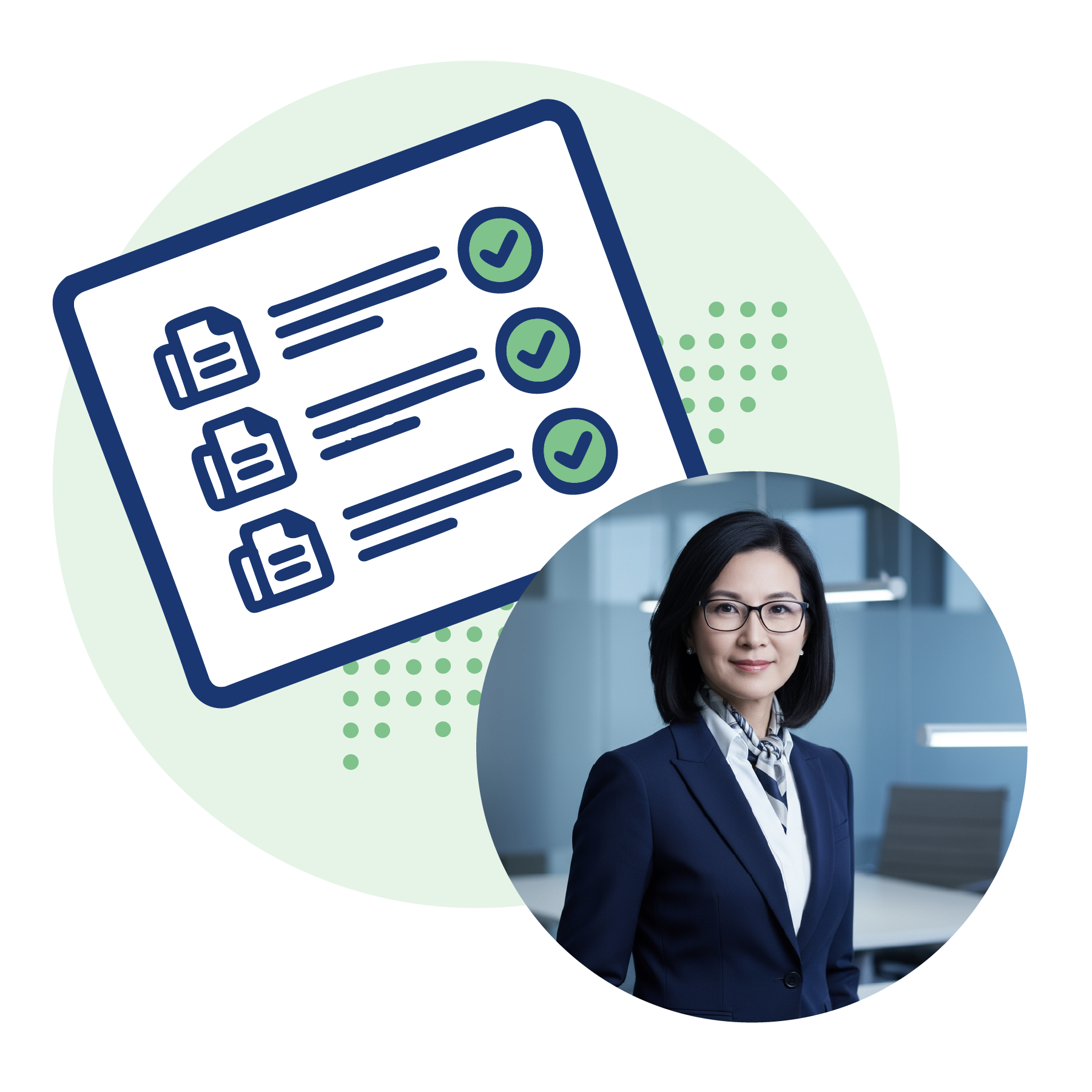 Collage illustration graphic that features a happy customer and stat that mentions annual savings of 85% on finance and accounting expenses