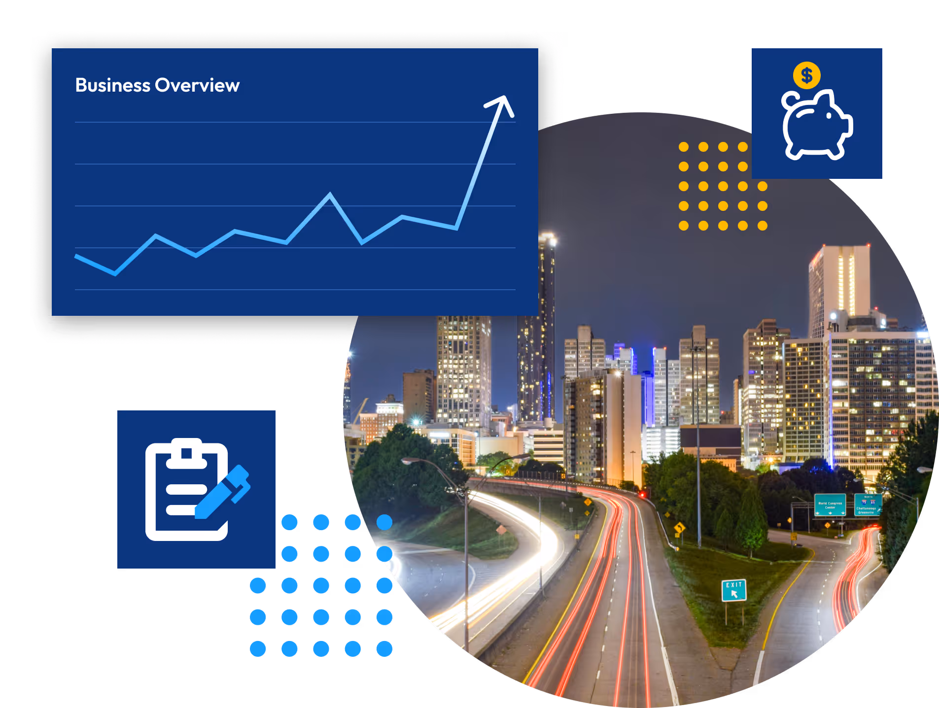 Image collage of a happy customer plus a graph showing upward trend