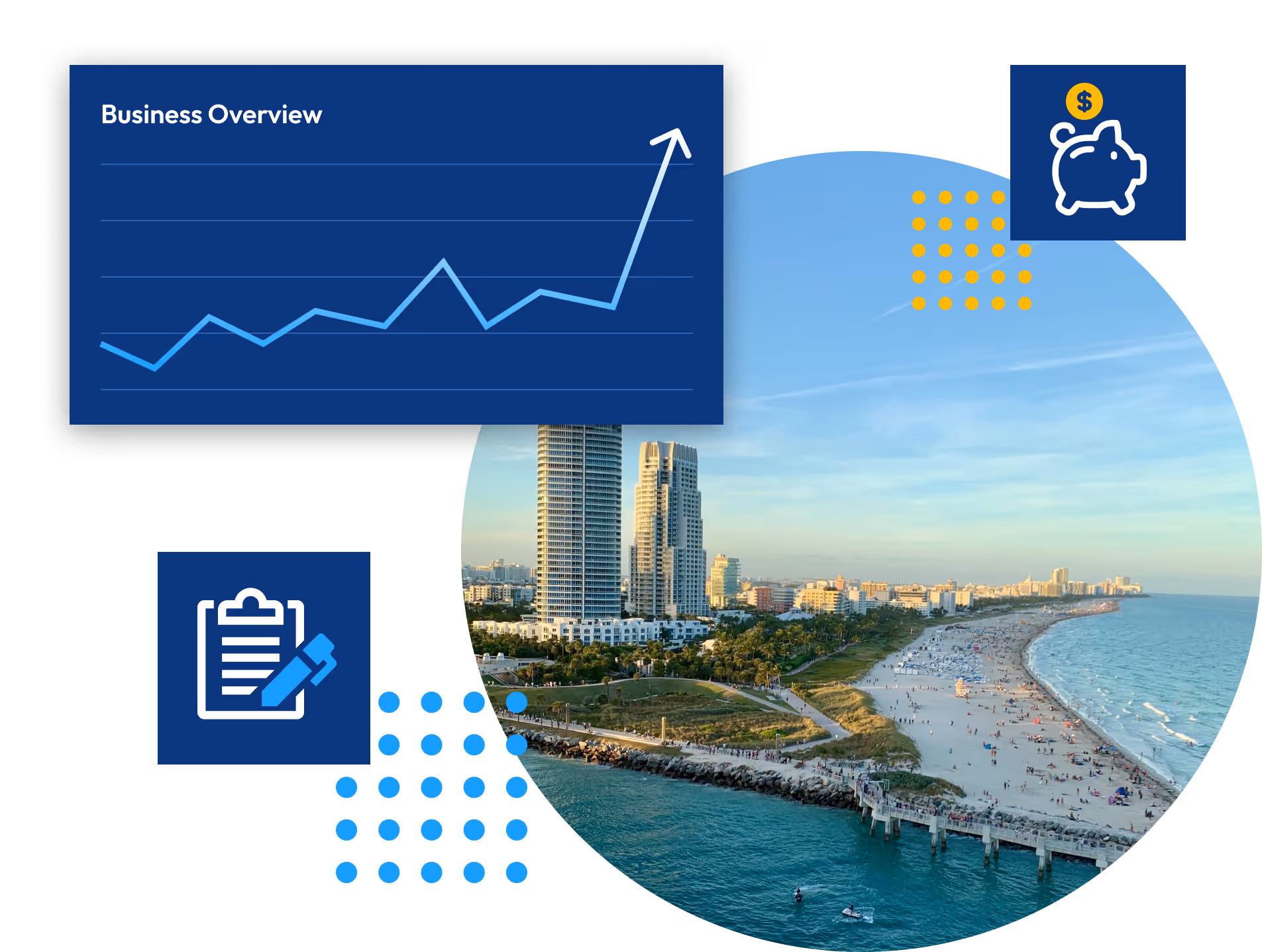 Image collage of a happy customer plus a graph showing upward trend