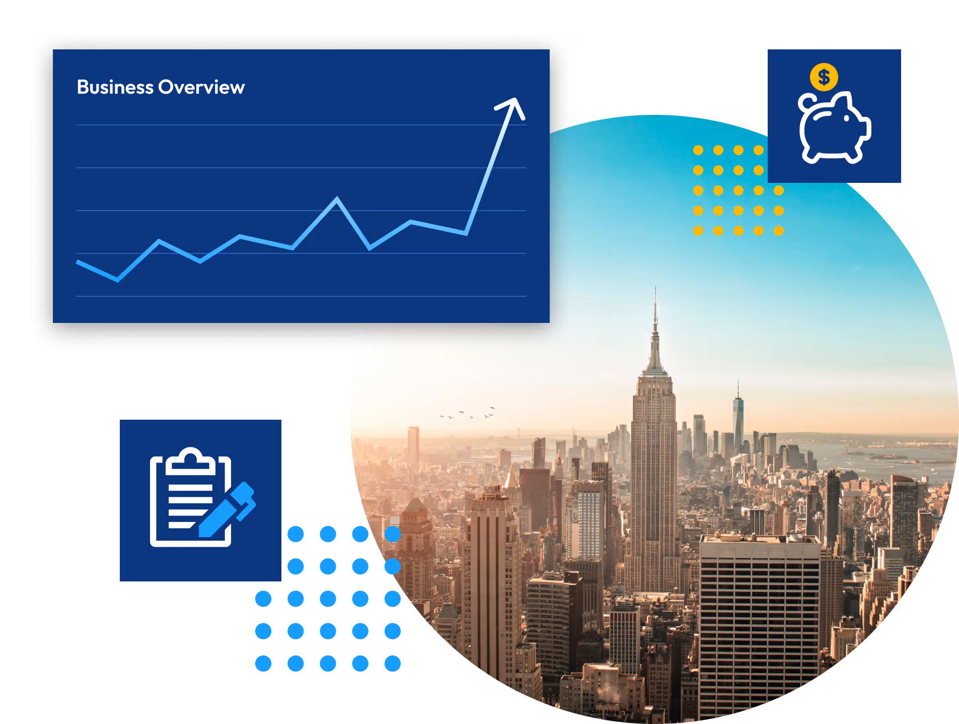 Image collage of a happy customer plus a graph showing upward trend