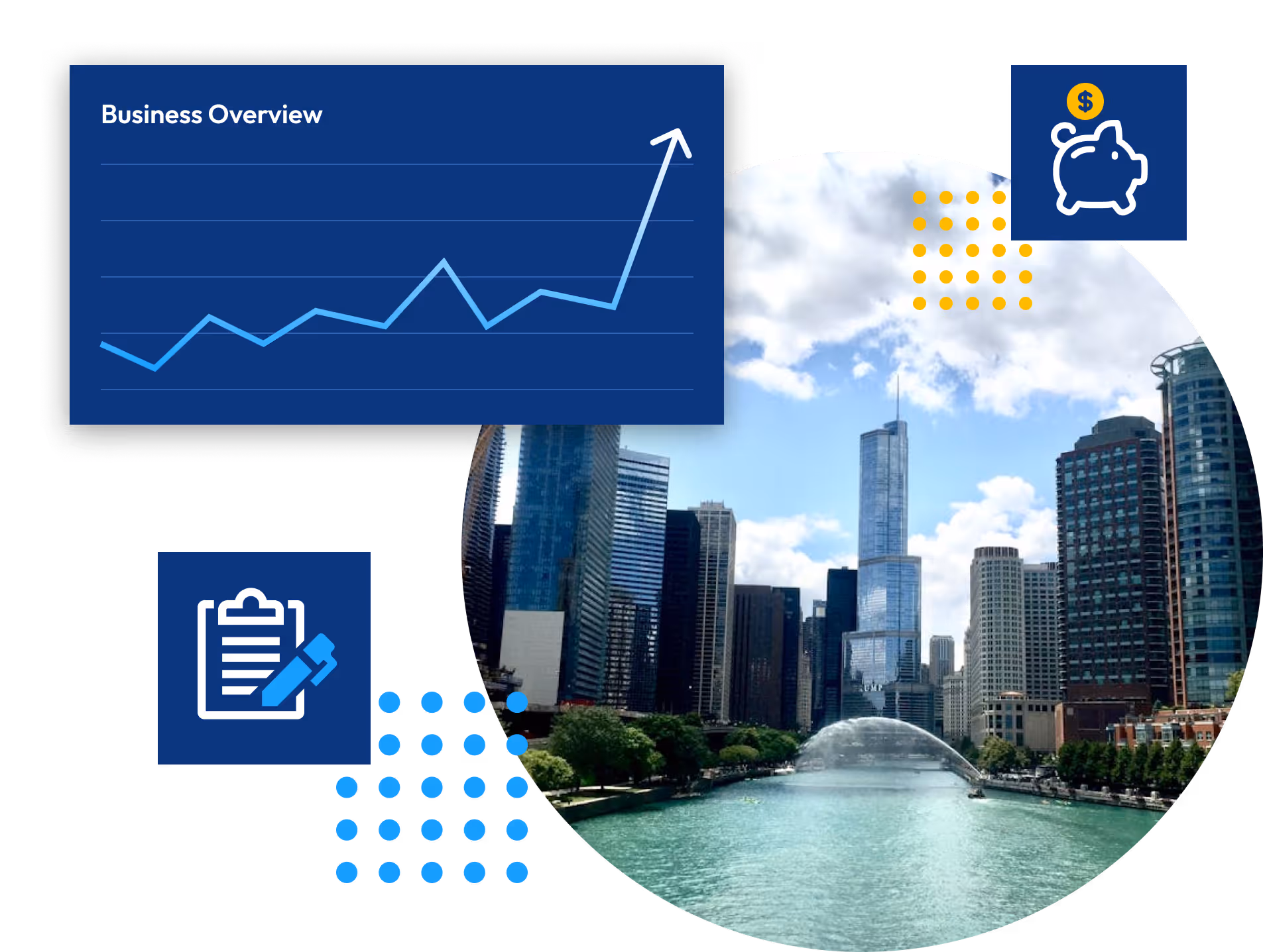 Image collage of a happy customer plus a graph showing upward trend