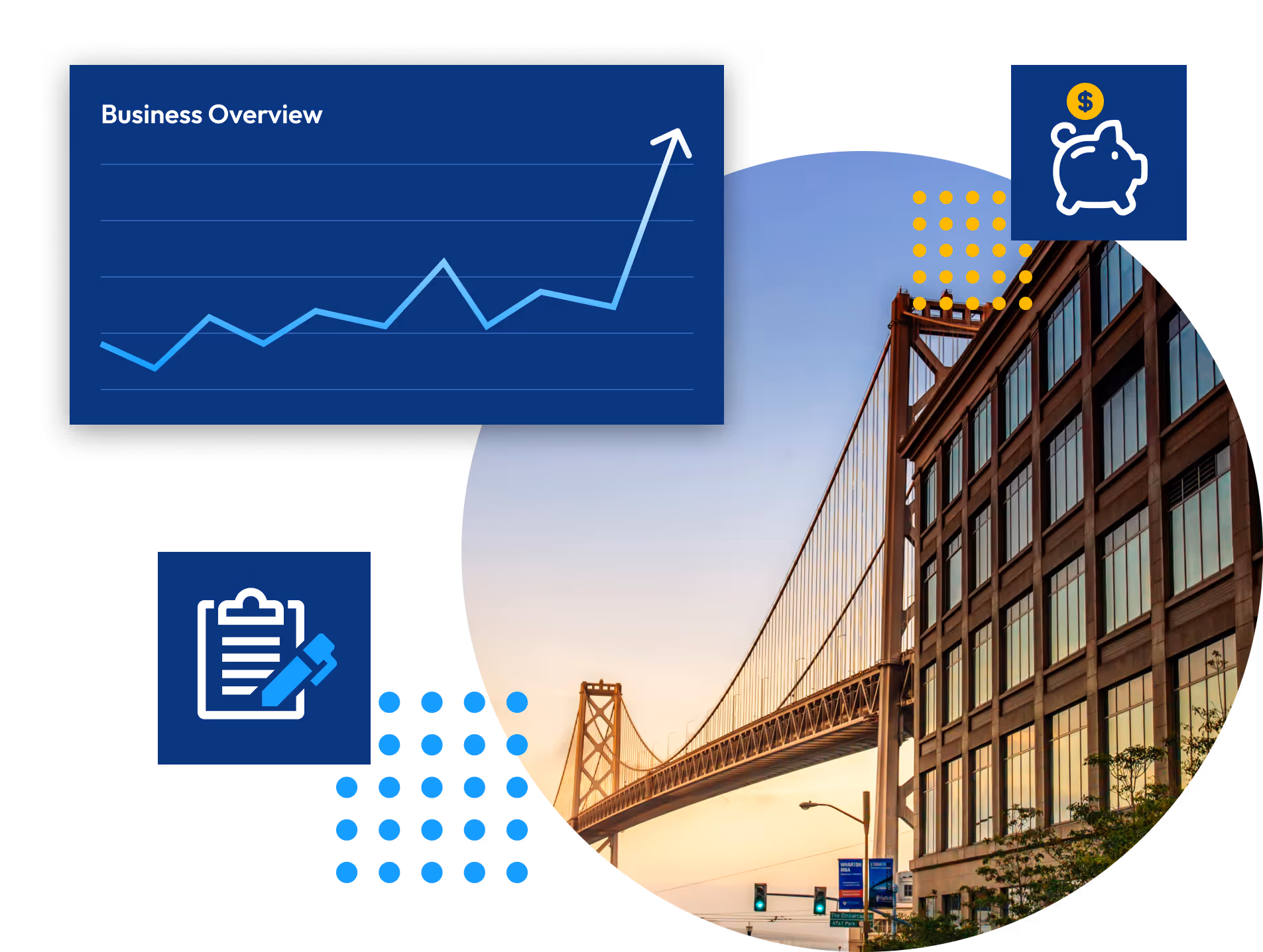 Image collage of a happy customer plus a graph showing upward trend