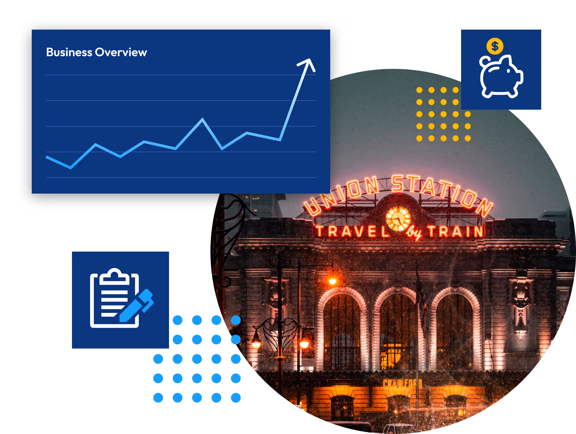 Image collage of a happy customer plus a graph showing upward trend