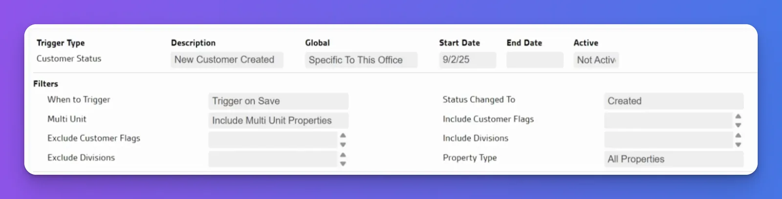 FieldRoutes new trigger rule with Customer Status selected as the trigger type
