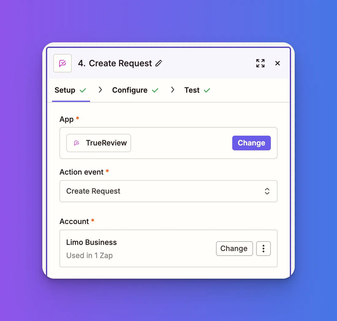 Zapier Action step with TrueReview selected as the connected app
