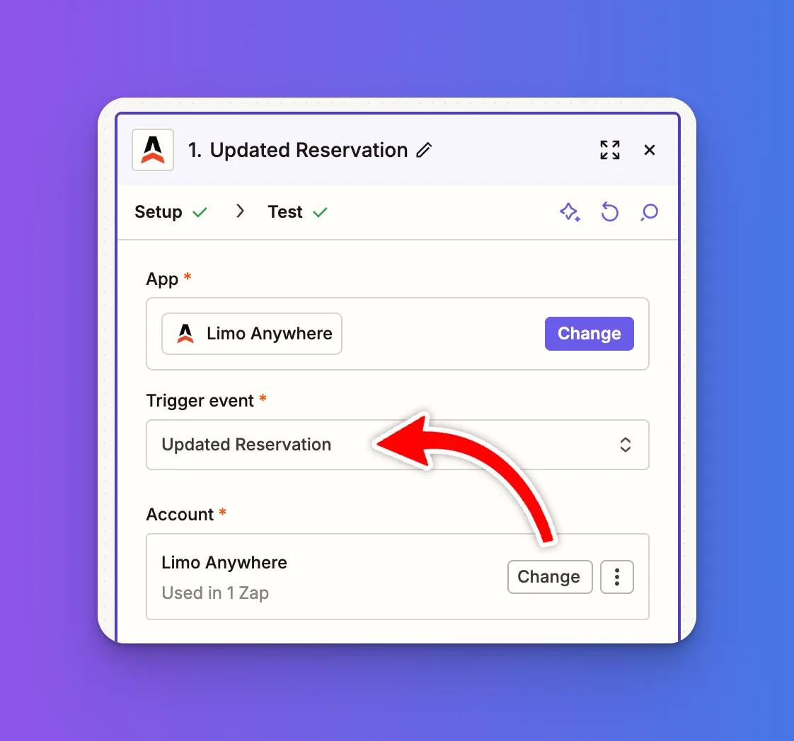 Limo Anywhere Trigger Event dropdown in Zapier with Updated Reservation selected