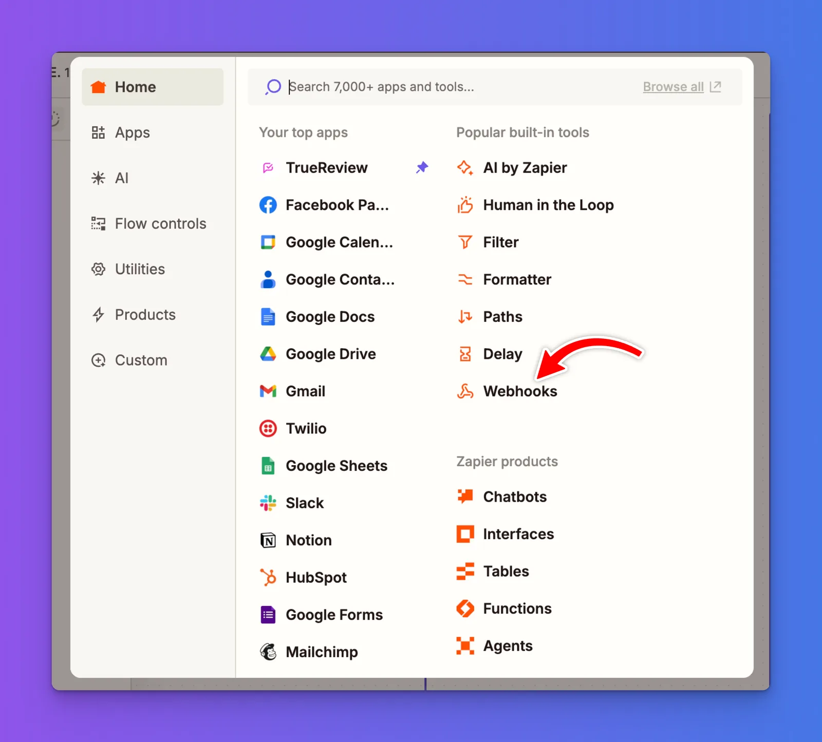 Zapier new Zap creation screen with Webhooks by Zapier selected as the trigger app