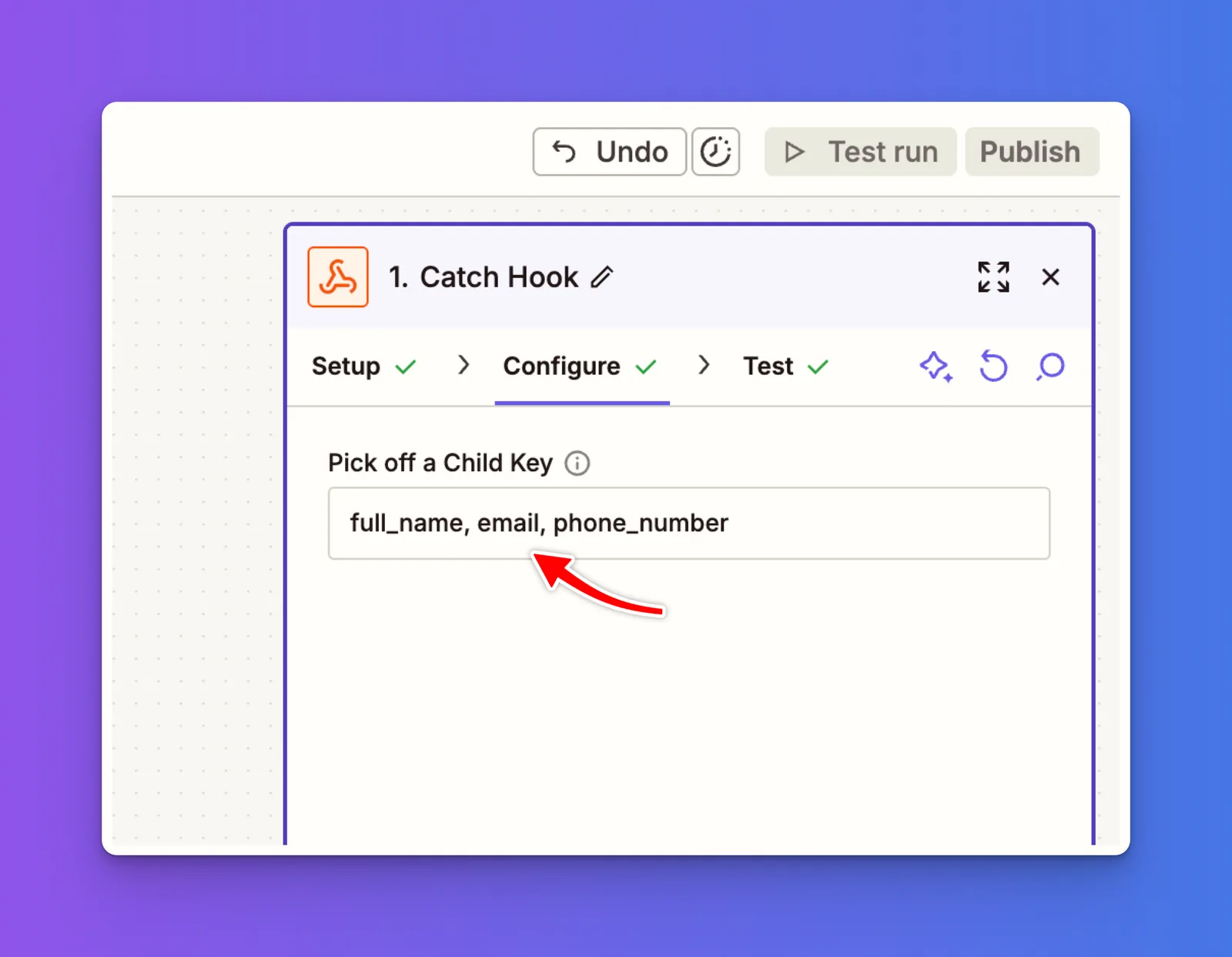 Pick off a Child Key field in Zapier filled with full_name, email, and phone_number