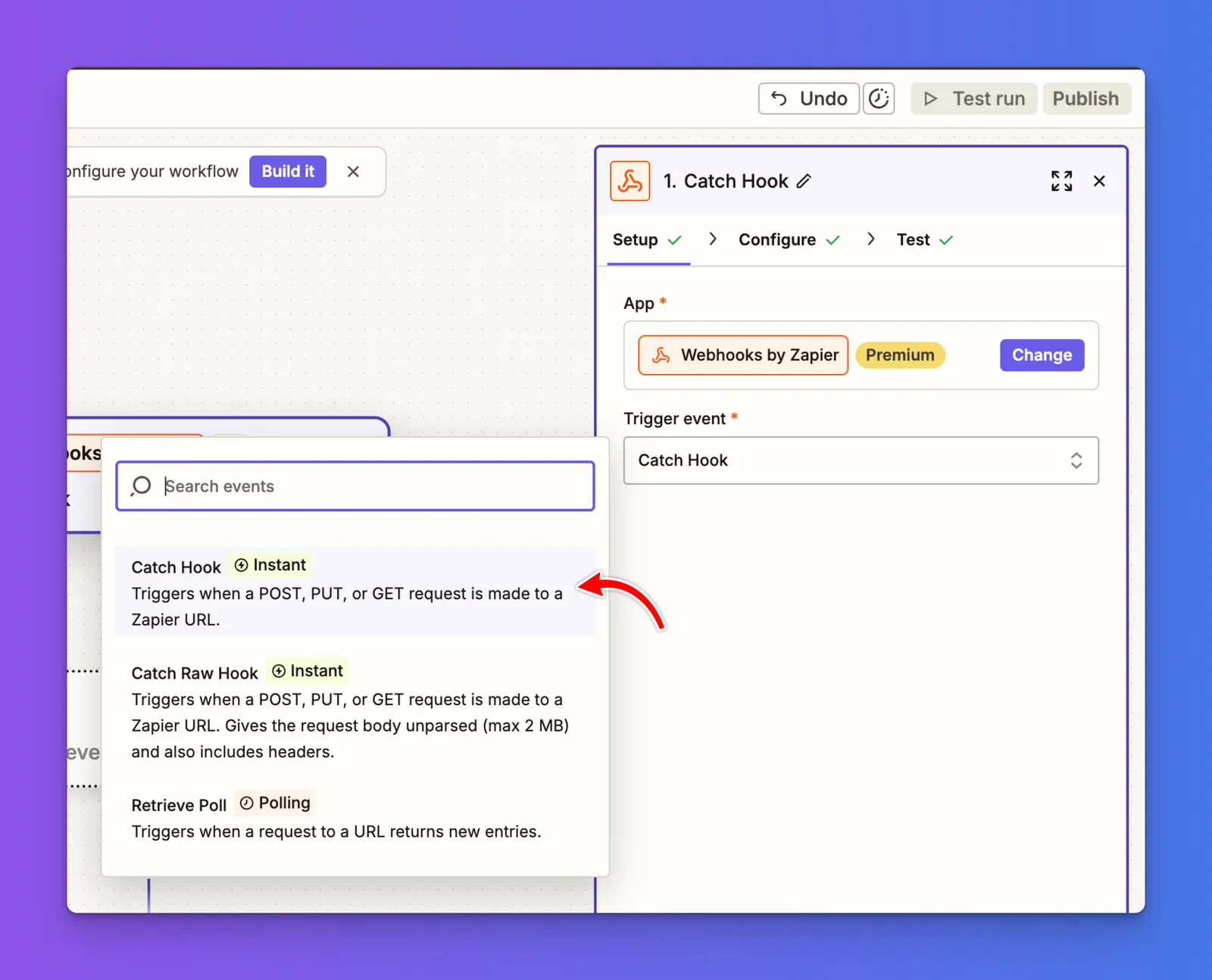 Zapier Setup tab with Catch Hook selected from the Trigger Event dropdown