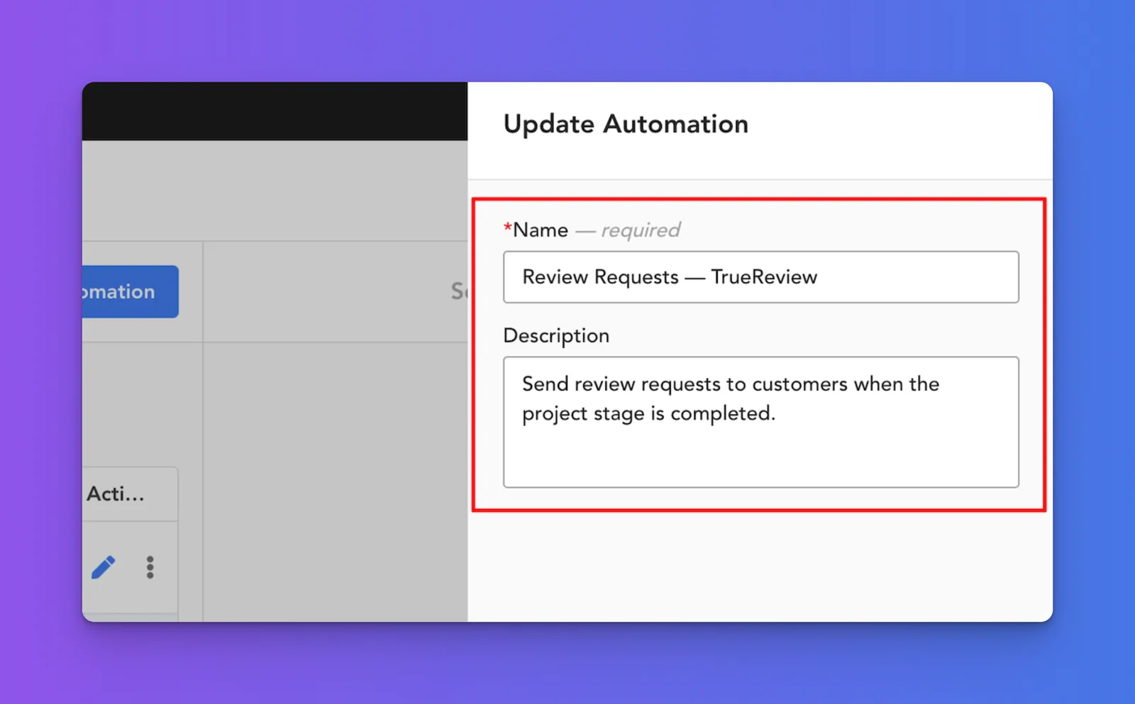 Supermove new automation form with name and description fields and Update Automation button
