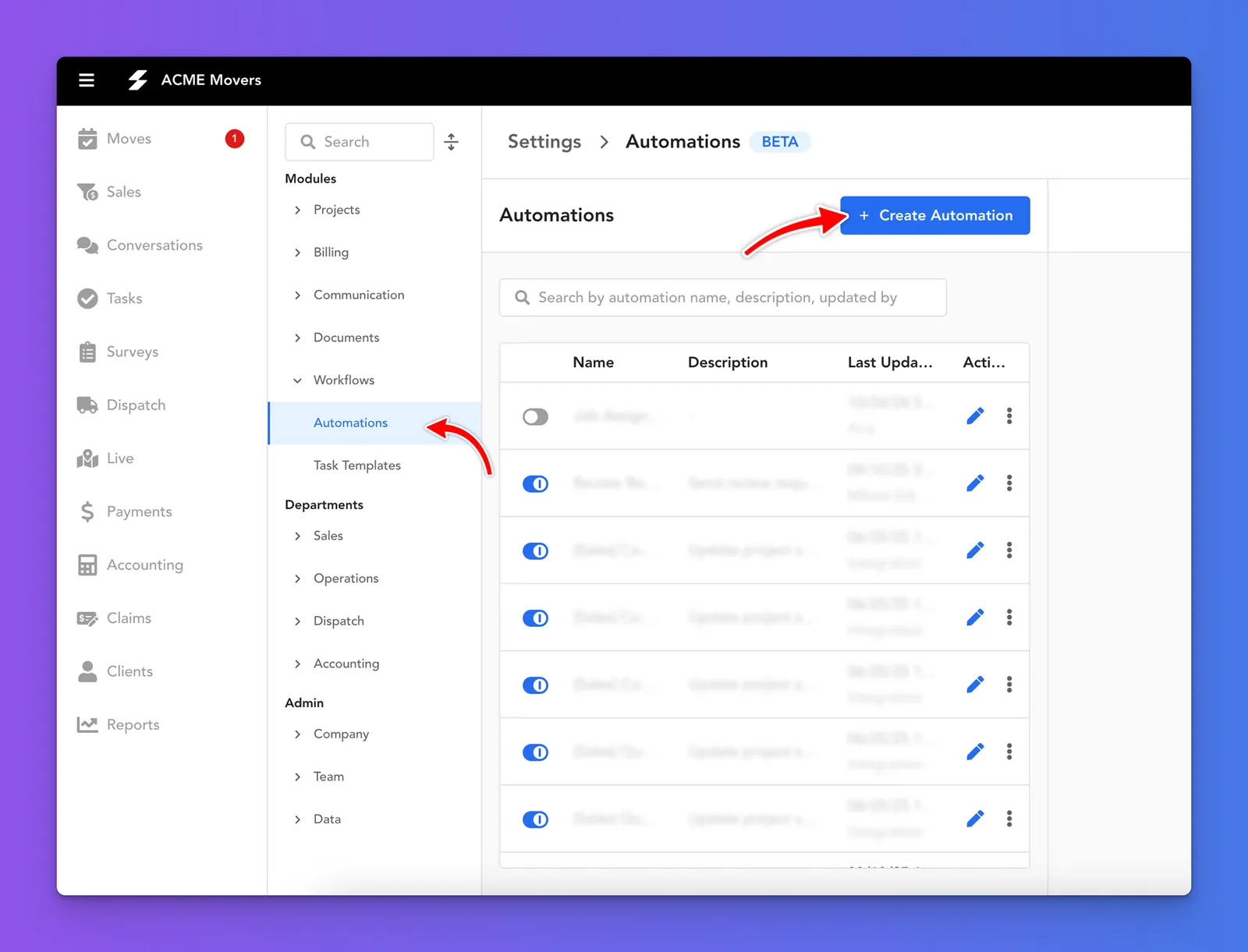 Supermove Settings page with the Automations section open and the Create Automation button