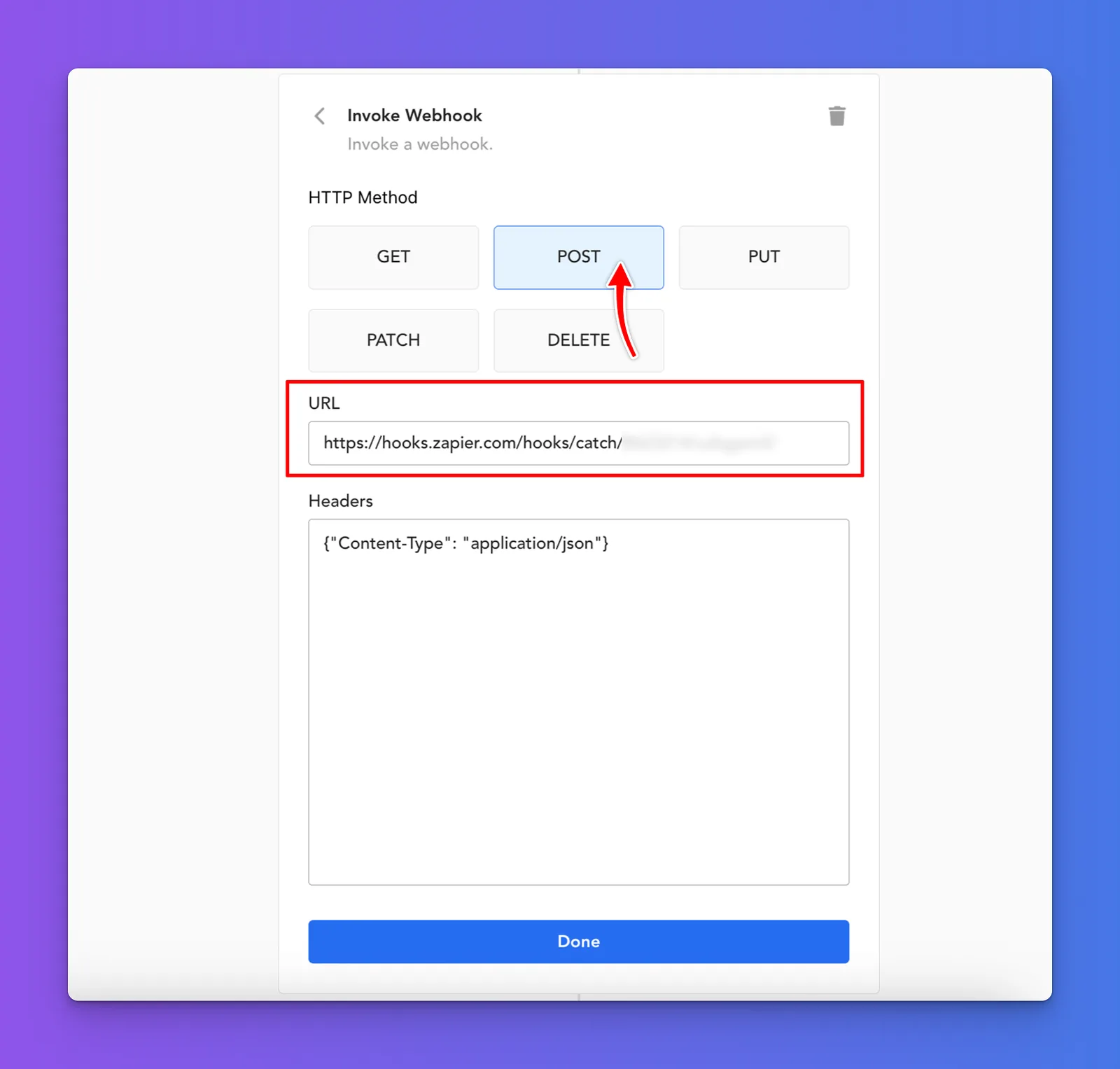 Supermove Invoke Webhook configuration with POST method selected and Zapier webhook URL pasted into the URL field