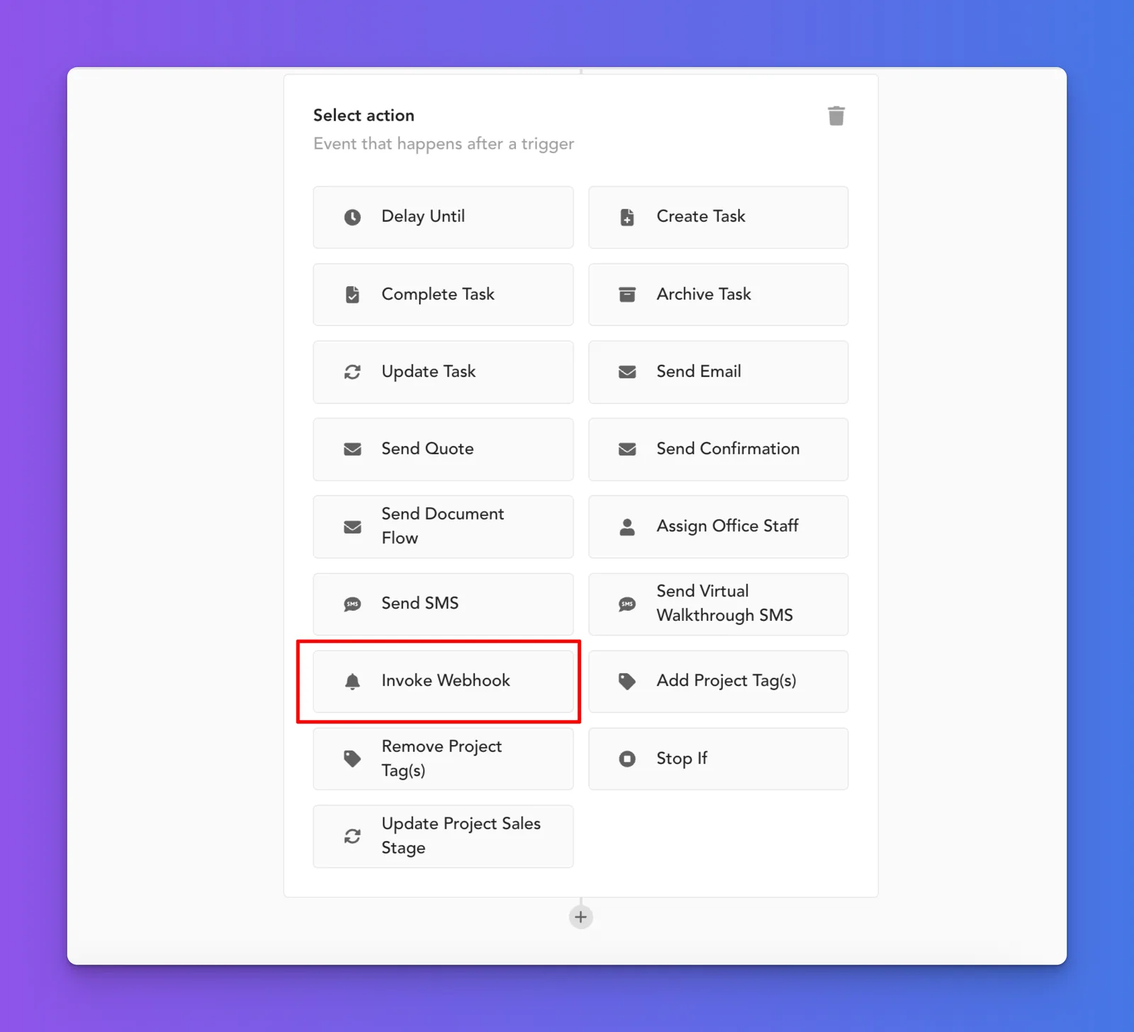 Supermove automation action picker with Invoke Webhook option selected
