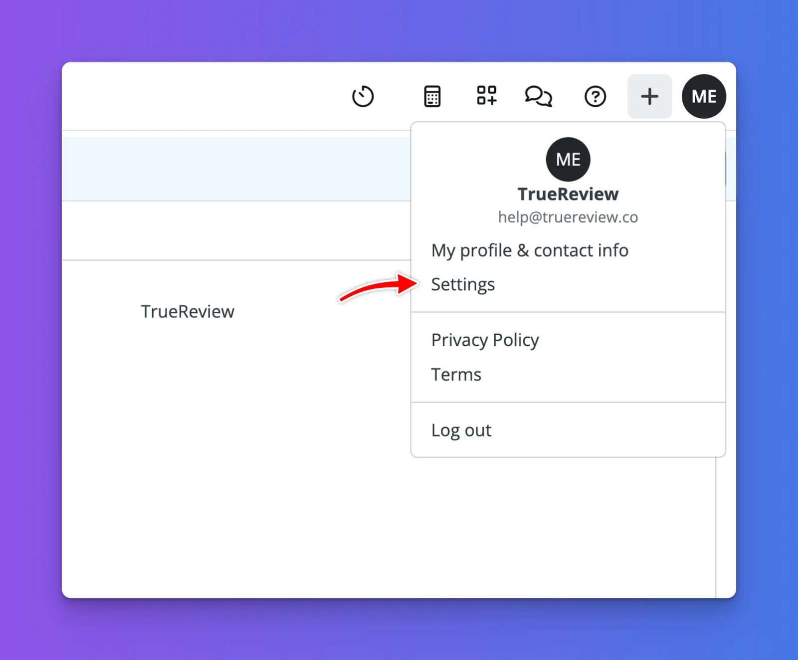 MyCase top-right dropdown menu with Settings option highlighted