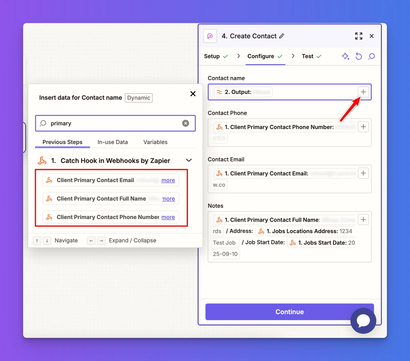 TrueReview action configuration in Zapier mapping Client Primary Contact email, name, and phone fields from Supermove