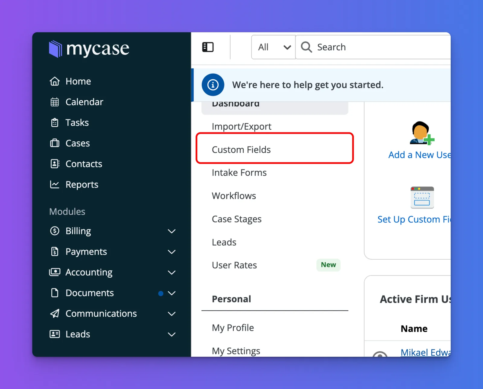 MyCase Settings page with the Custom Fields tab selected