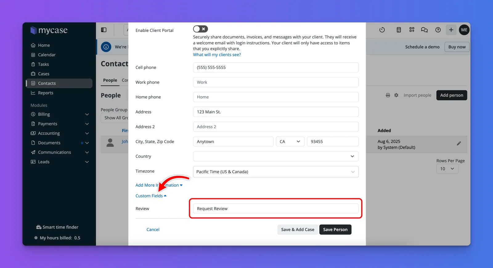 MyCase contact edit screen with the Custom Fields section expanded