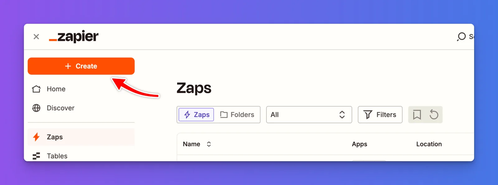 Zapier dashboard with the Create button open and Zaps option selected