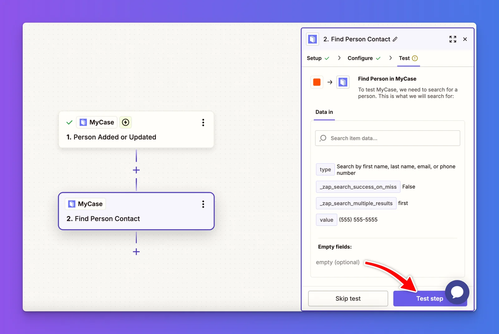 Zapier Test Step button used to retrieve and confirm the MyCase customer information