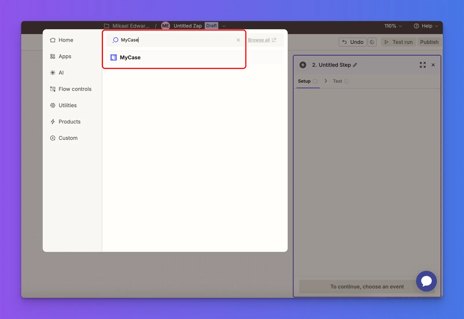 Zapier action app search with MyCase added as the next step in the Zap