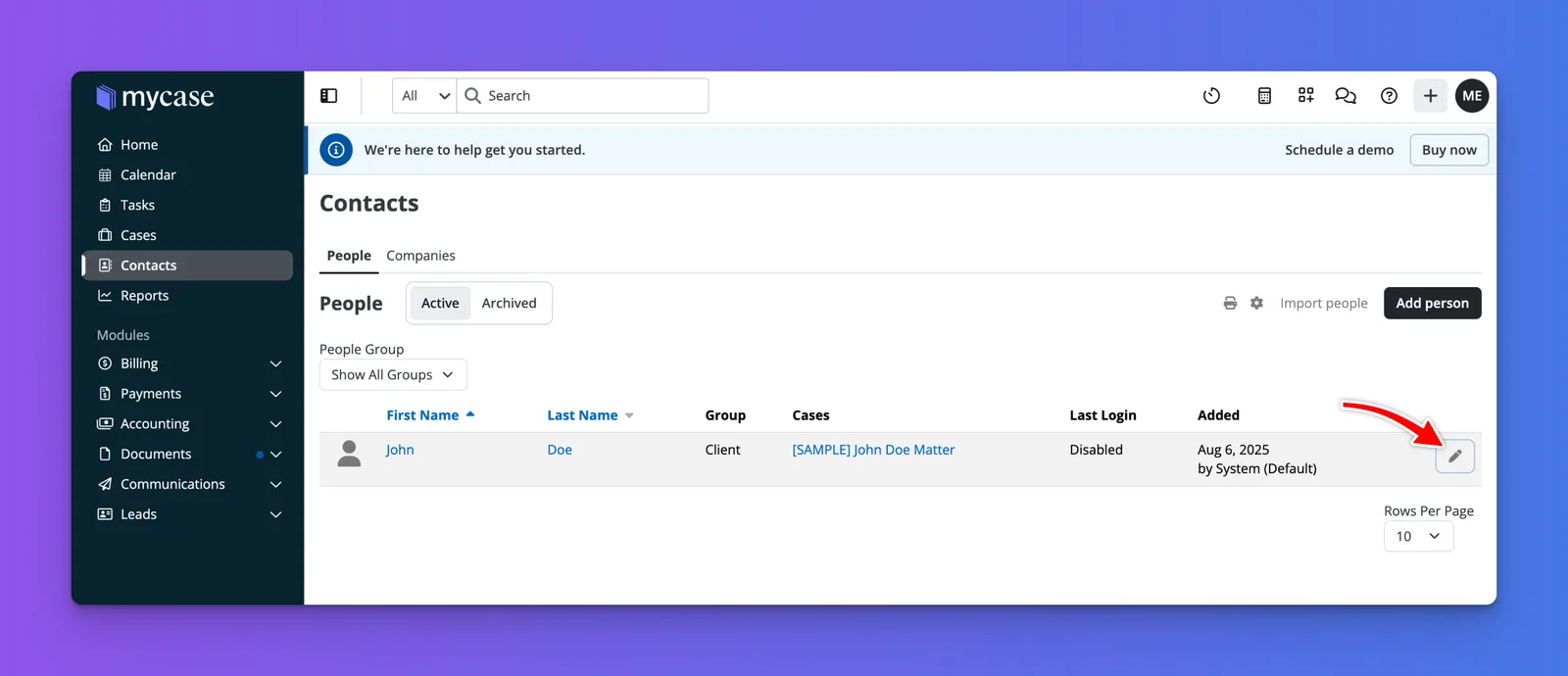 MyCase contacts list with rows of existing contacts available for editing