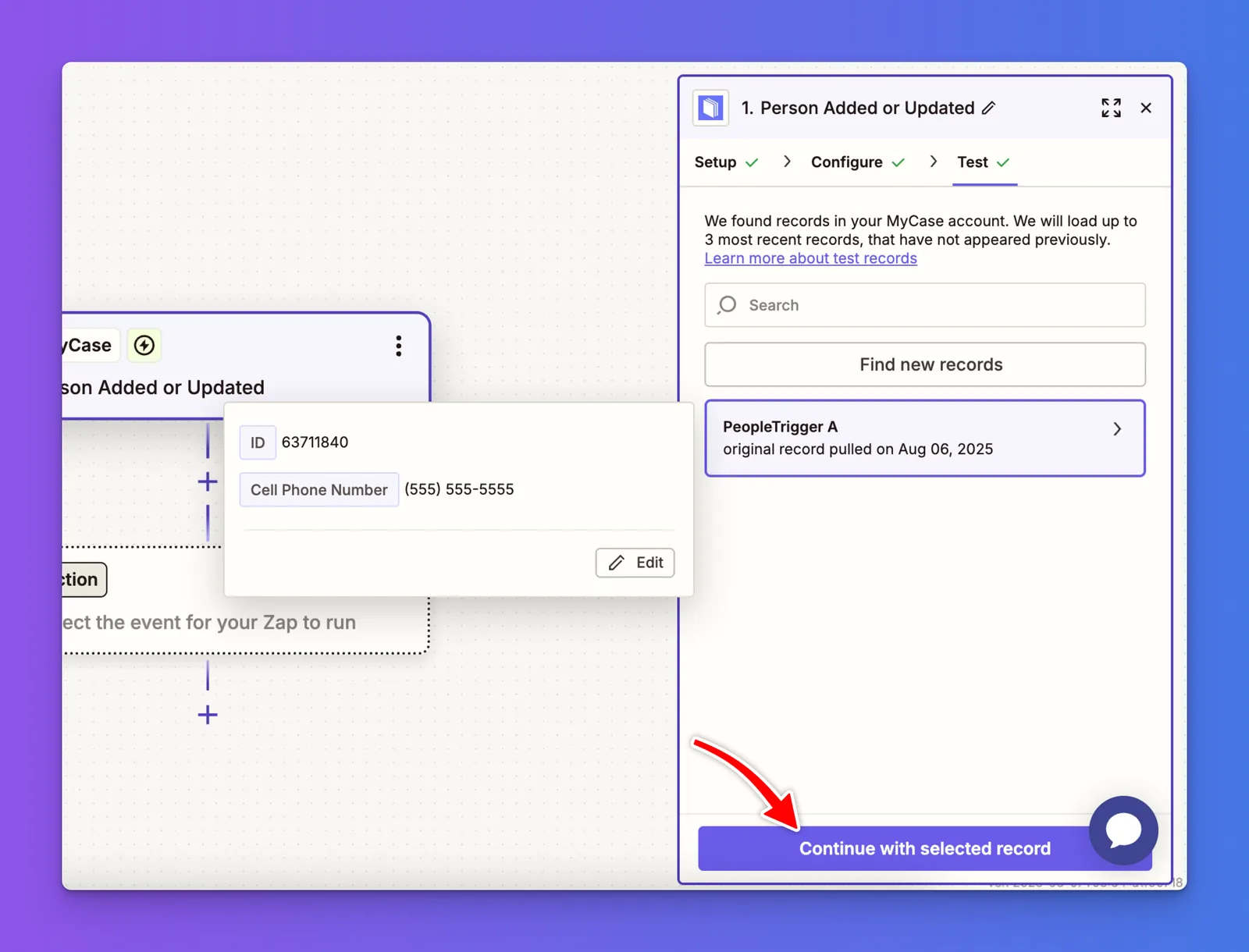 Zapier list of recent MyCase contacts with the Continue with selected record button