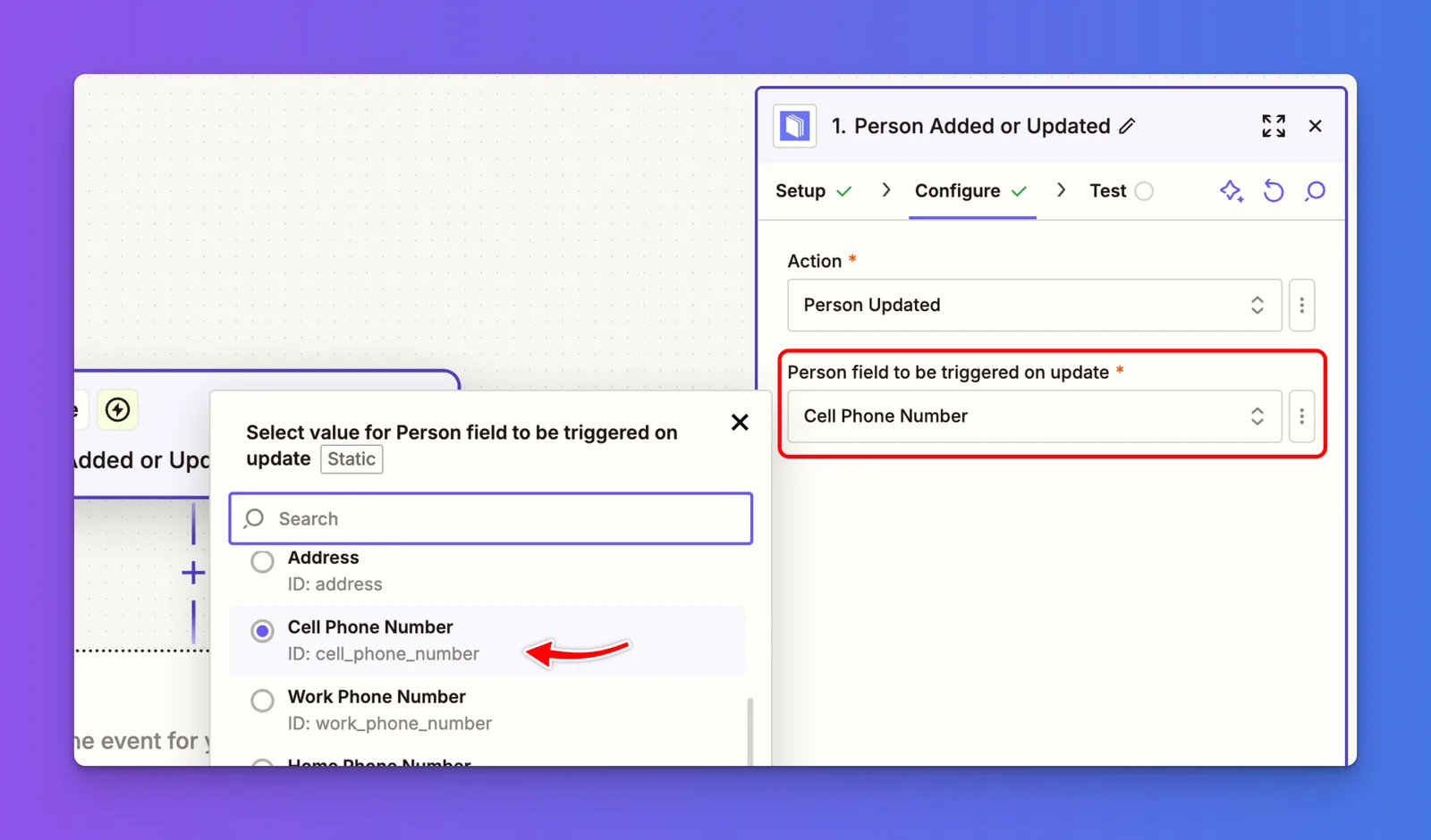 Person field dropdown in Zapier with Cell Phone Number selected for the trigger