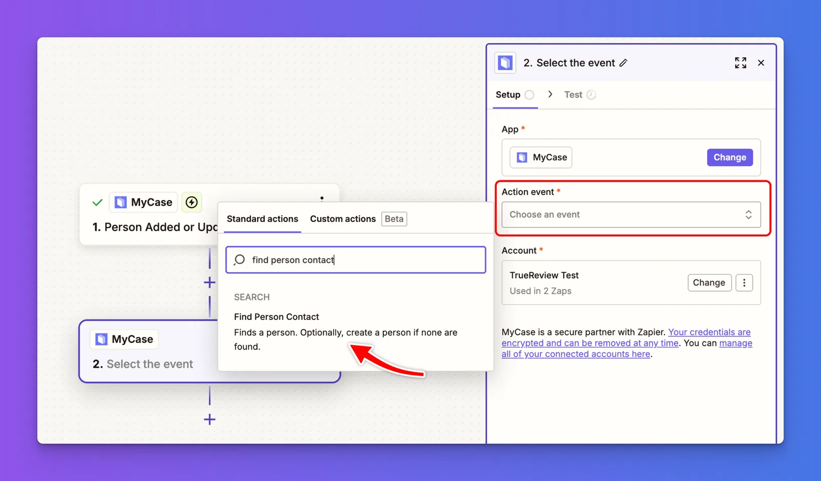 Zapier MyCase Action Event dropdown with Find Person Contact selected