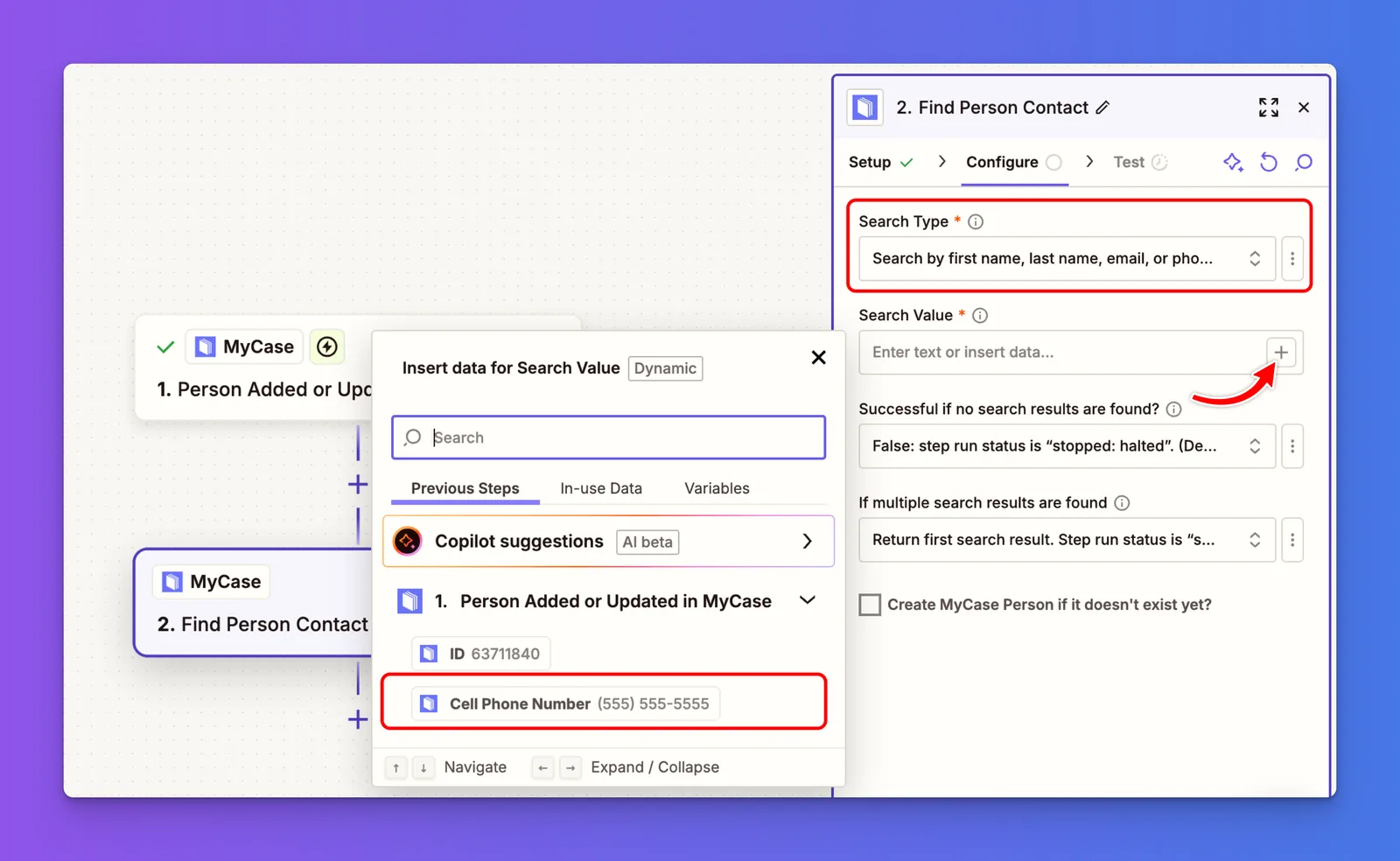 Zapier Find Person Contact configuration with Cell Phone Number used as the Search Value