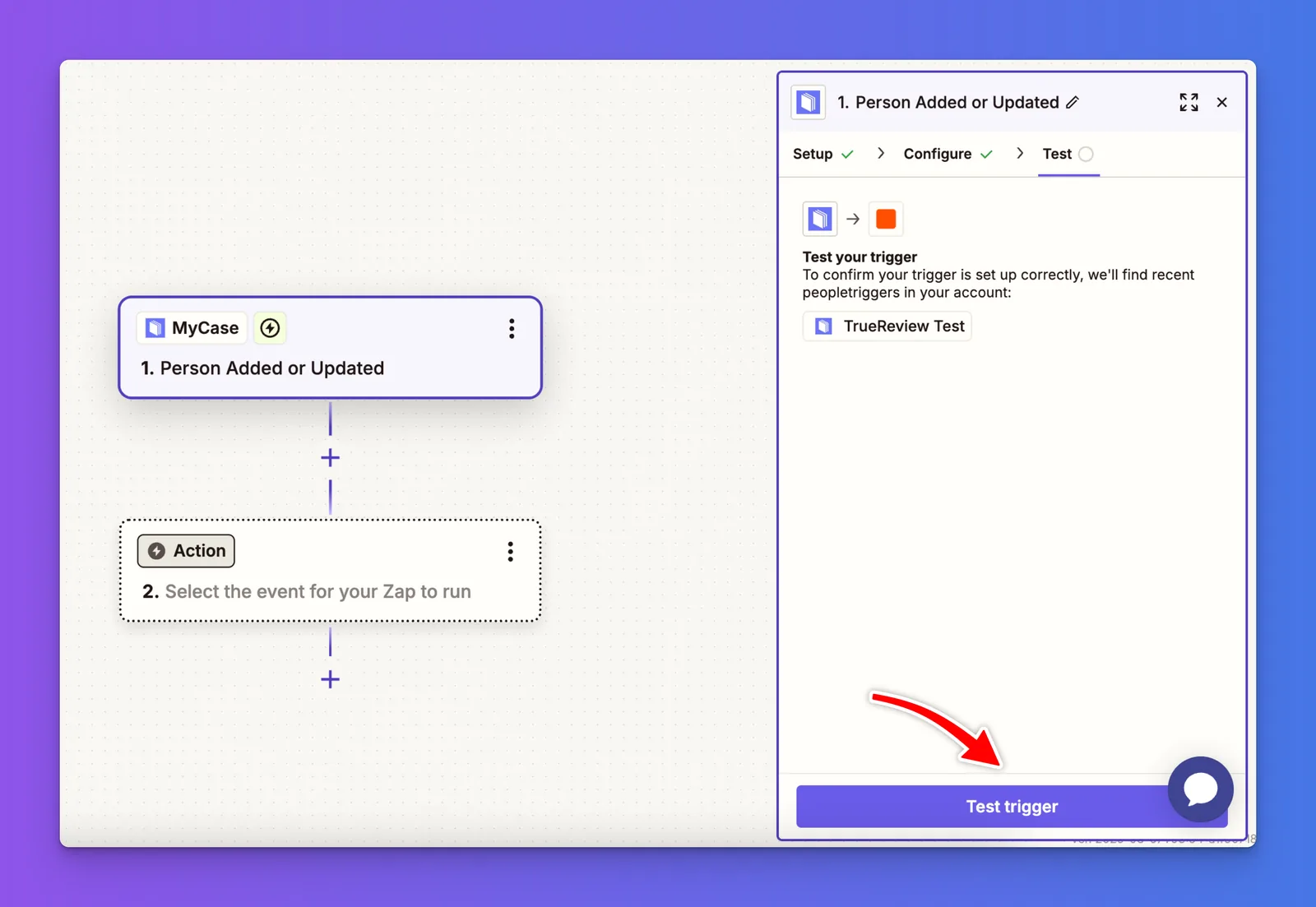 Zapier Test Trigger button used to pull sample contact data from MyCase