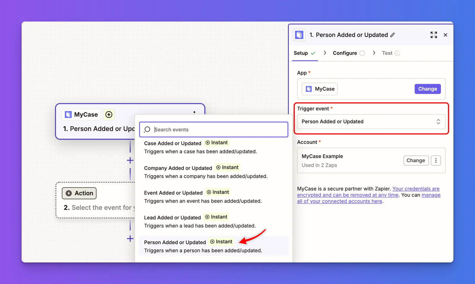 MyCase trigger event dropdown in Zapier with Person Added or Updated selected