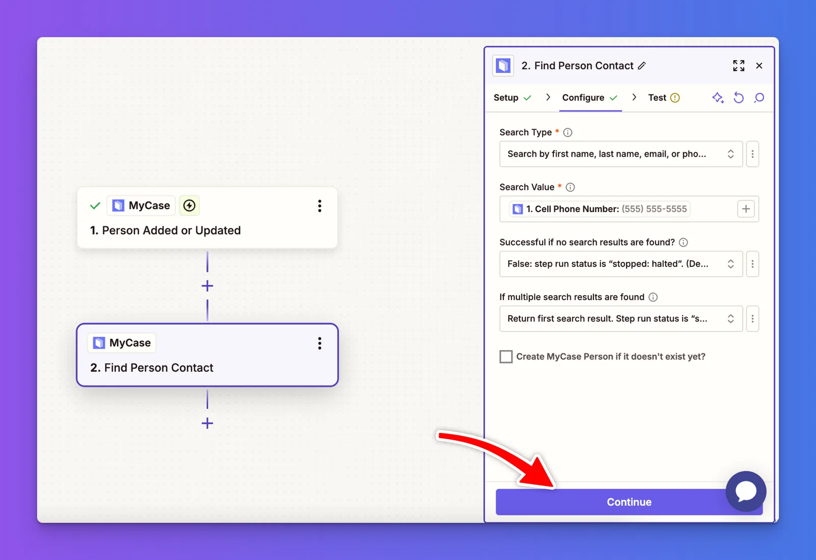 Zapier Find Person Contact step configured with the Search Value populated and the Continue button