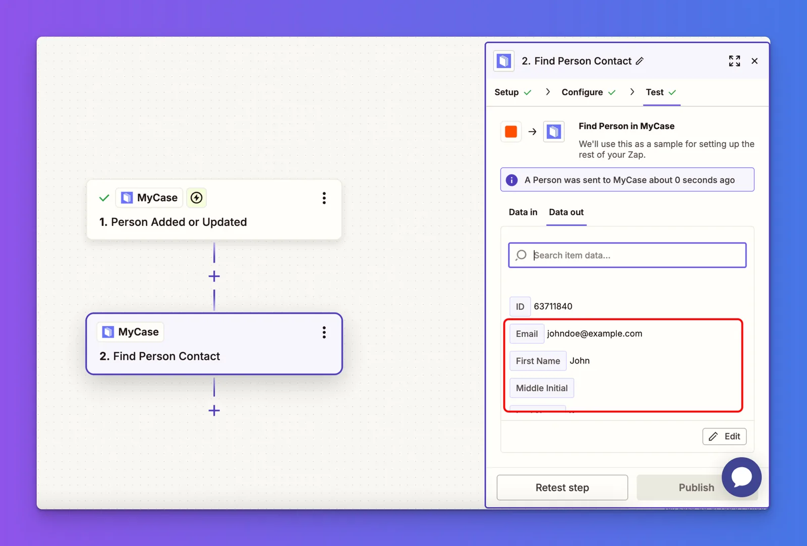 Zapier test results panel showing the MyCase contact's First Name, Email, and Phone Number