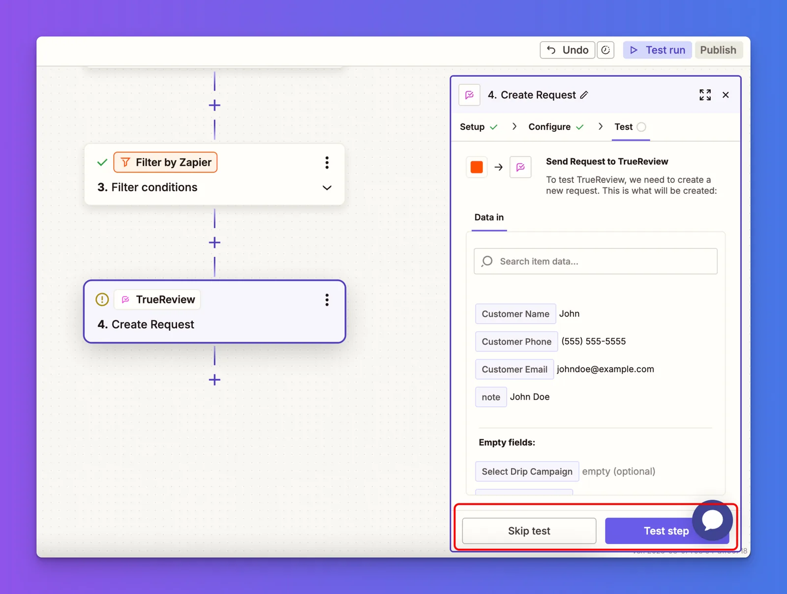 Zapier TrueReview action configuration with Name, Phone, Email, and Notes fields mapped from MyCase