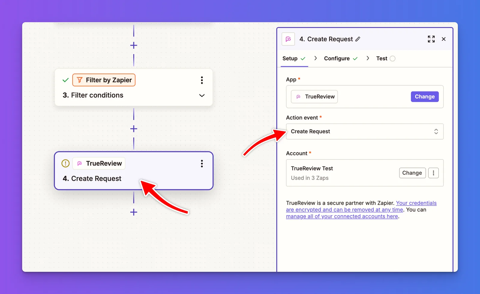 Zapier action app search with TrueReview selected for the Zap's final action step
