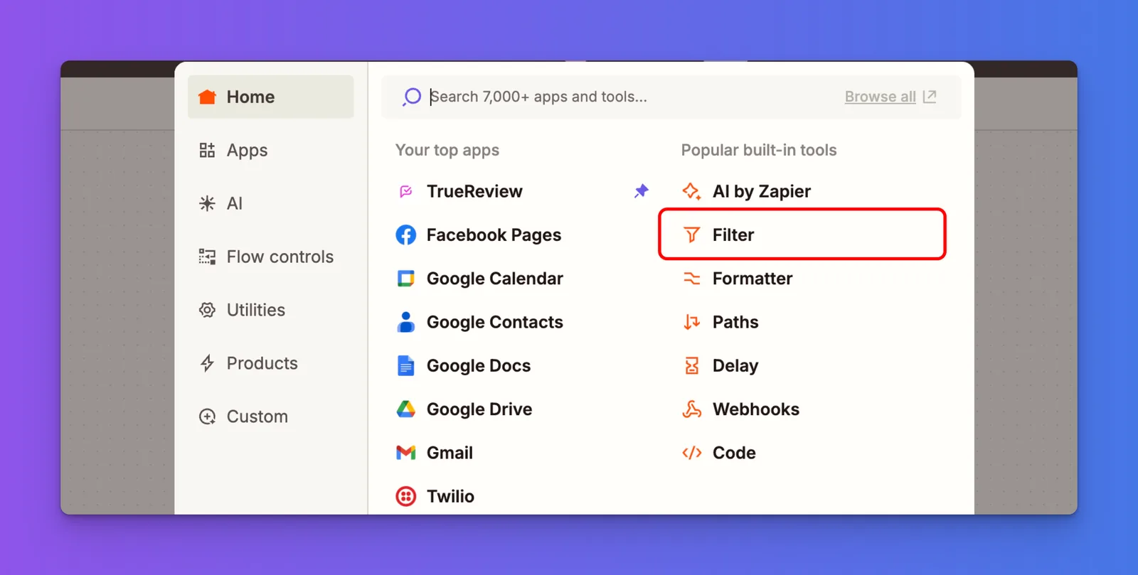 Zapier add-step panel with Filter selected from the right-hand options