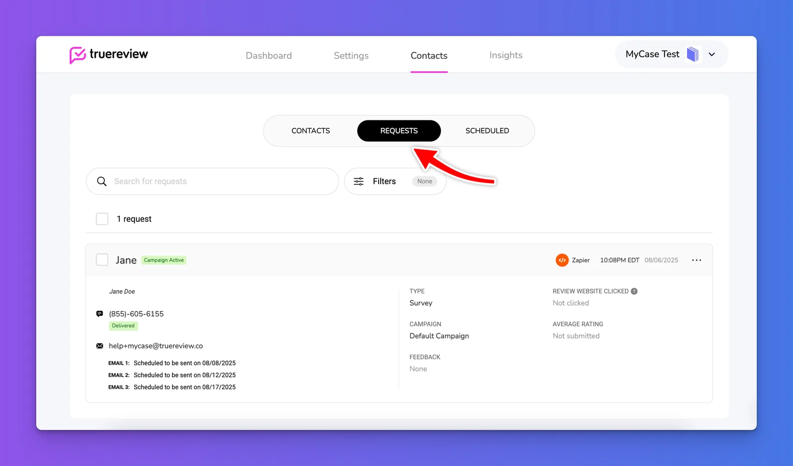Zapier TrueReview action Test Step warning that clicking it will send a live review request to the customer