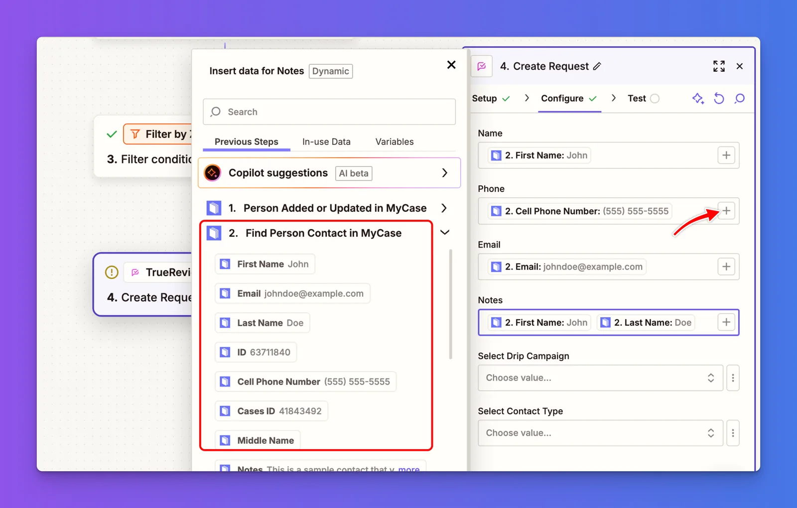 Zapier TrueReview Action Event dropdown with Create Request and Create Contact options