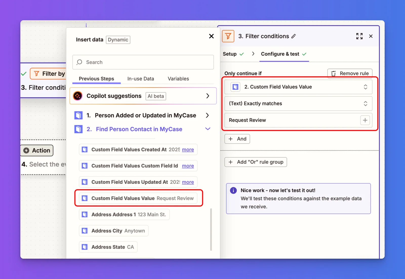 Zapier Filter configuration with Custom Field Values Value, Text Exactly matches, and Request Review as the value