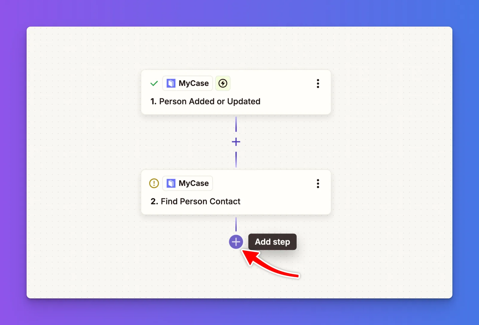 Zapier Zap editor with the plus icon below the second MyCase step for adding a Filter