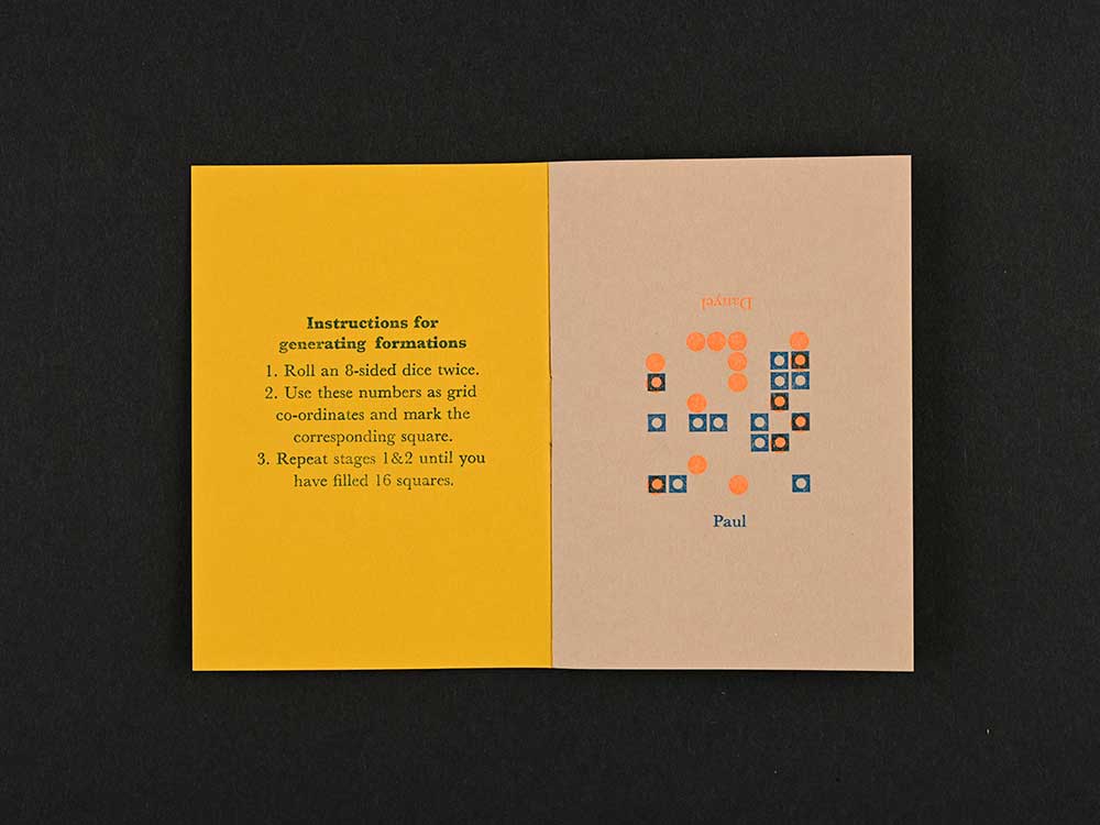 Spread from letterpress publication, on multi-coloured paper.